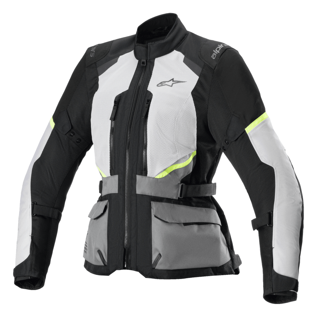 Alpinestars Stella Andes Air Drystar-jakke, motorcykeljakke til touring til damer, isgrå og mørkegrå med sorte og neongule detaljer, omfattende mesh-ventilationspaneler, praktiske lommer foran og justerbare taljeremme, teknisk touringdesign