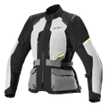Alpinestars Stella Andes Air Drystar-jakke, motorcykeljakke til touring til damer, isgrå og mørkegrå med sorte og neongule detaljer, omfattende mesh-ventilationspaneler, praktiske lommer foran og justerbare taljeremme, teknisk touringdesign