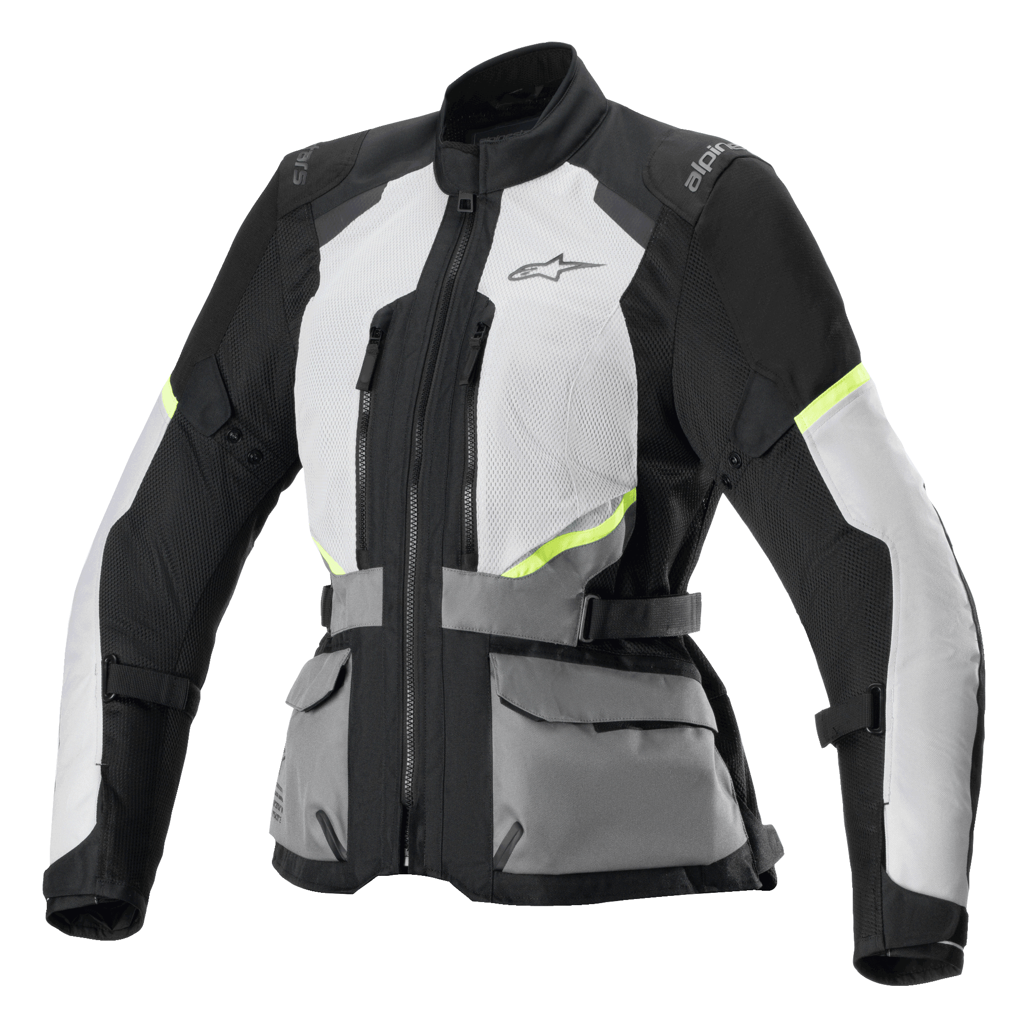 Alpinestars Stella Andes Air Drystar-jakke, motorcykeljakke til touring til damer, isgrå og mørkegrå med sorte og neongule detaljer, omfattende mesh-ventilationspaneler, praktiske lommer foran og justerbare taljeremme, teknisk touringdesign