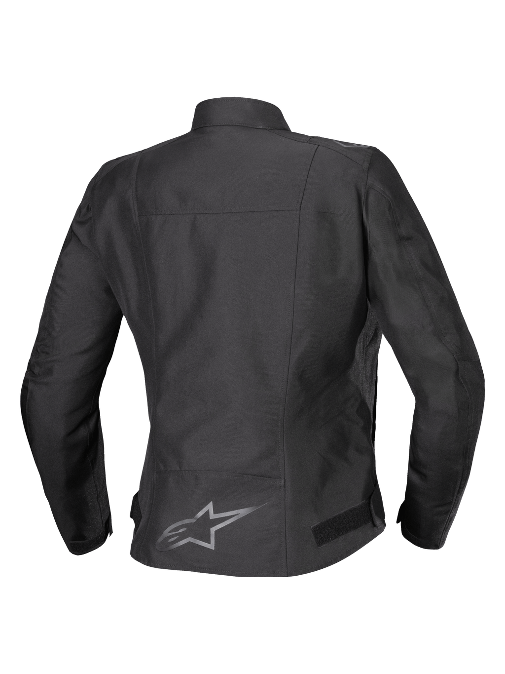 Alpinestars Stella T-SPS V2 vandtæt jakke, set bagfra, sort, tekstil motorcykeljakke til kvinder, reflekterende logo på den nederste del af ryggen, sportskontureret silhuet