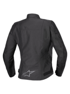 Alpinestars Stella T-SPS V2 vandtæt jakke, set bagfra, sort, tekstil motorcykeljakke til kvinder, reflekterende logo på den nederste del af ryggen, sportskontureret silhuet