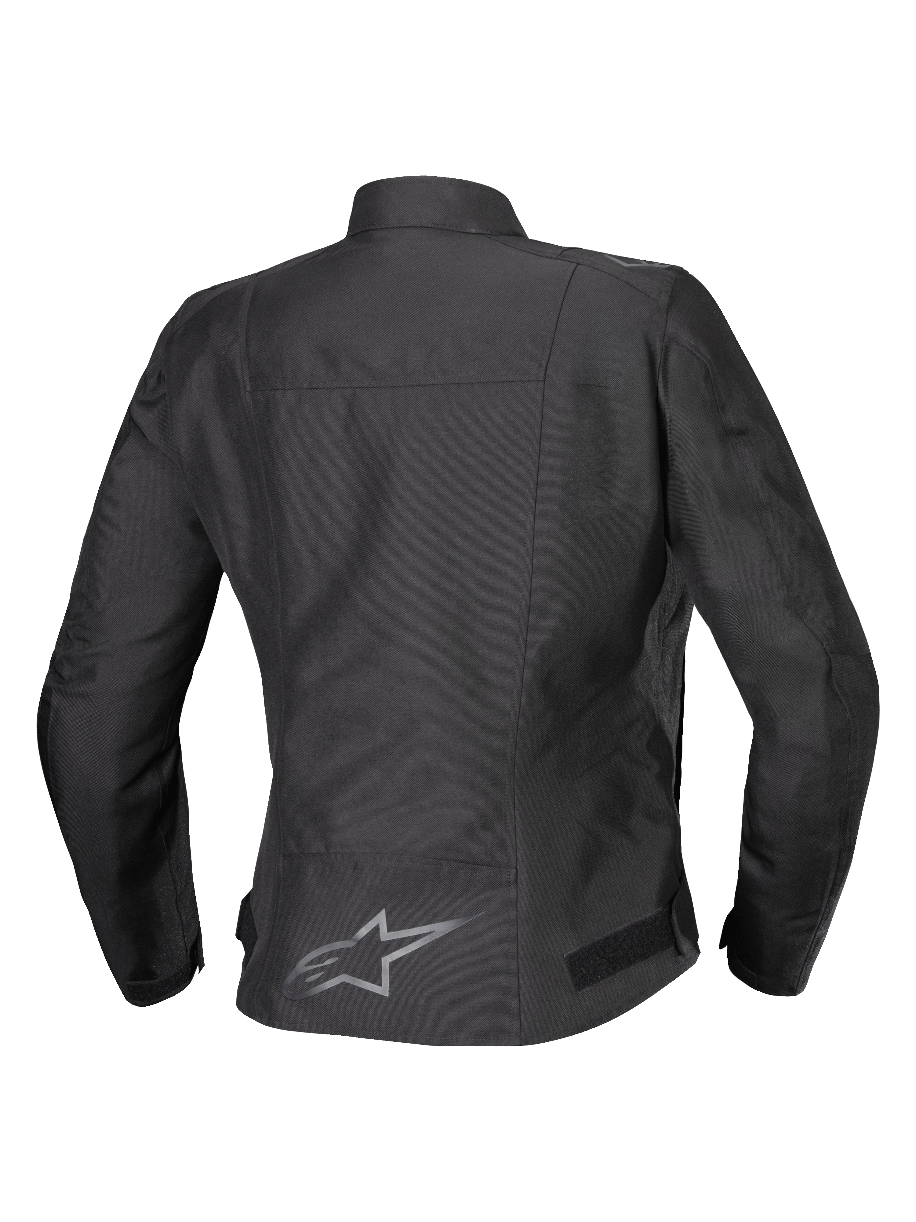 Alpinestars Stella T-SPS V2 vandtæt jakke, set bagfra, sort, tekstil motorcykeljakke til kvinder, reflekterende logo på den nederste del af ryggen, sportskontureret silhuet