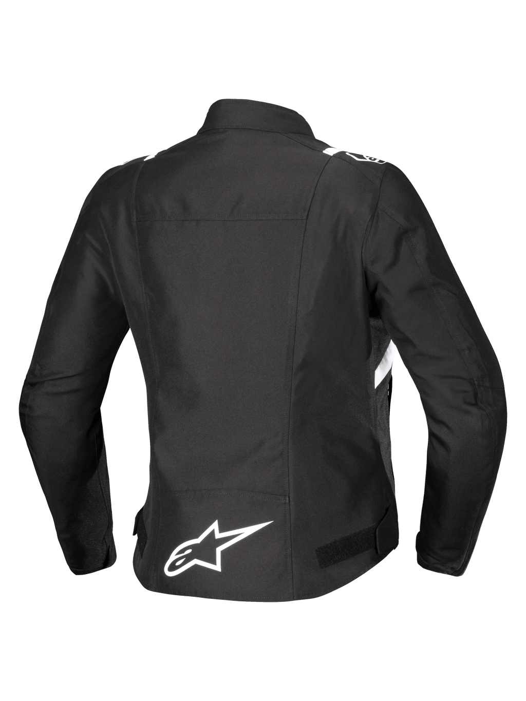 Alpinestars Stella T-SPS V2 Vandtæt Jakke, set bagfra, motorcykeljakke i tekstil til damer, sort med hvide detaljer, hvidt Alpinestars-stjernelogo på lænden, sportslig racer-inspireret silhuet