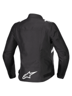 Alpinestars Stella T-SPS V2 Vandtæt Jakke, set bagfra, motorcykeljakke i tekstil til damer, sort med hvide detaljer, hvidt Alpinestars-stjernelogo på lænden, sportslig racer-inspireret silhuet