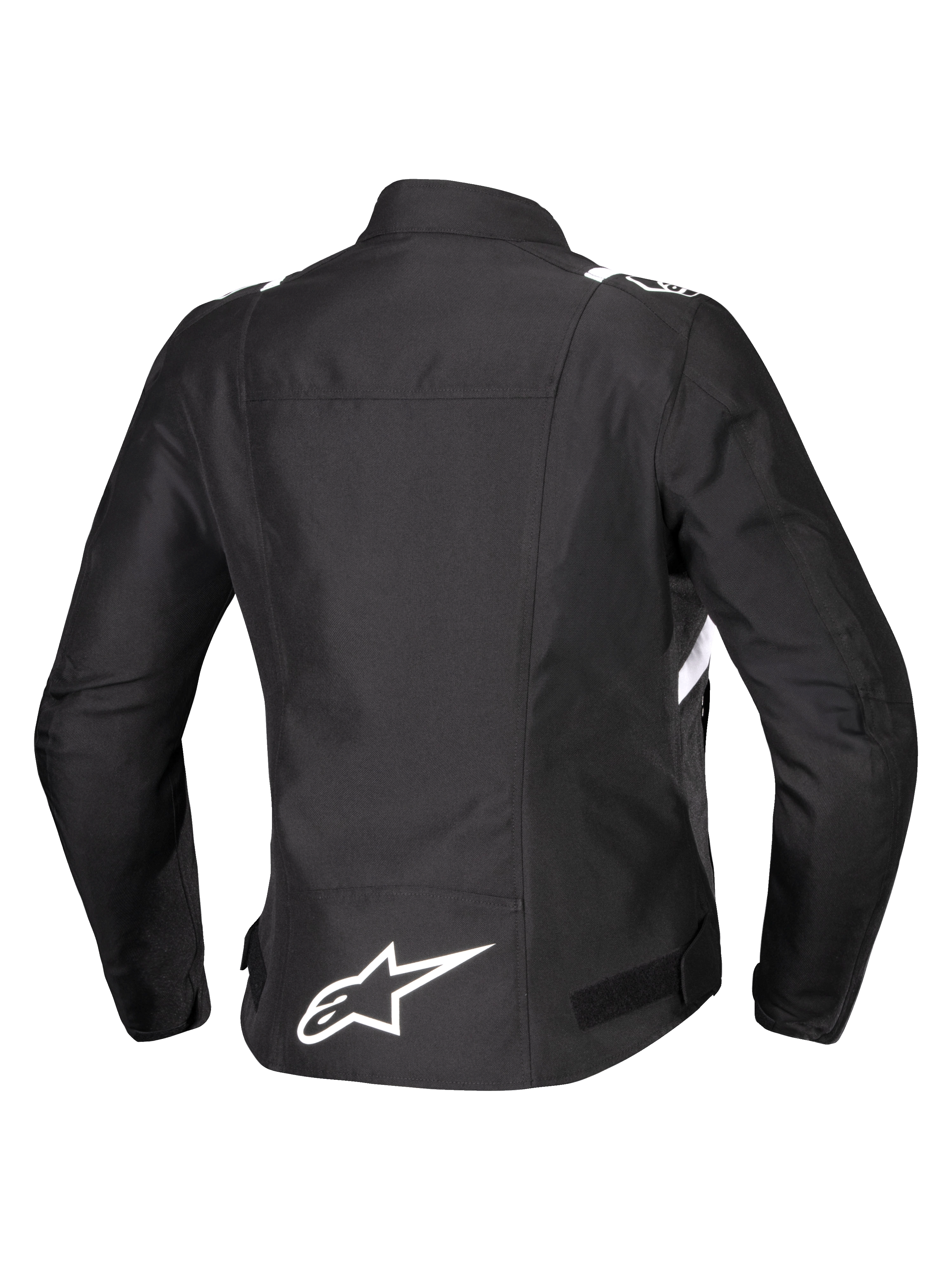 Alpinestars Stella T-SPS V2 Vandtæt Jakke, set bagfra, motorcykeljakke i tekstil til damer, sort med hvide detaljer, hvidt Alpinestars-stjernelogo på lænden, sportslig racer-inspireret silhuet