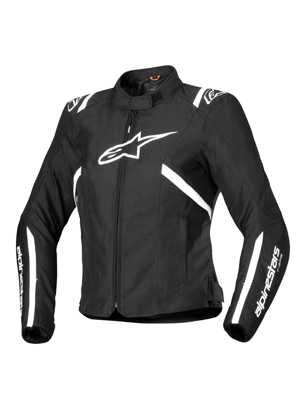 Alpinestars Stella T-SPS V2 Waterproof Jacket, motorcykeljakke til damer, sort og hvid, med et stort hvidt stjernelogo på brystet, hvide striber på skuldre og ærmer, sporty racing-inspireret silhuet, høj krave og slidstærkt tekstilmateriale