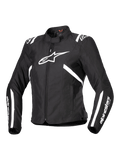 Alpinestars Stella T-SPS V2 Waterproof Jacket, motorcykeljakke til damer, sort og hvid, med et stort hvidt stjernelogo på brystet, hvide striber på skuldre og ærmer, sporty racing-inspireret silhuet, høj krave og slidstærkt tekstilmateriale