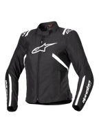 Alpinestars Stella T-SPS V2 Waterproof Jacket, motorcykeljakke til damer, sort og hvid, med et stort hvidt stjernelogo på brystet, hvide striber på skuldre og ærmer, sporty racing-inspireret silhuet, høj krave og slidstærkt tekstilmateriale