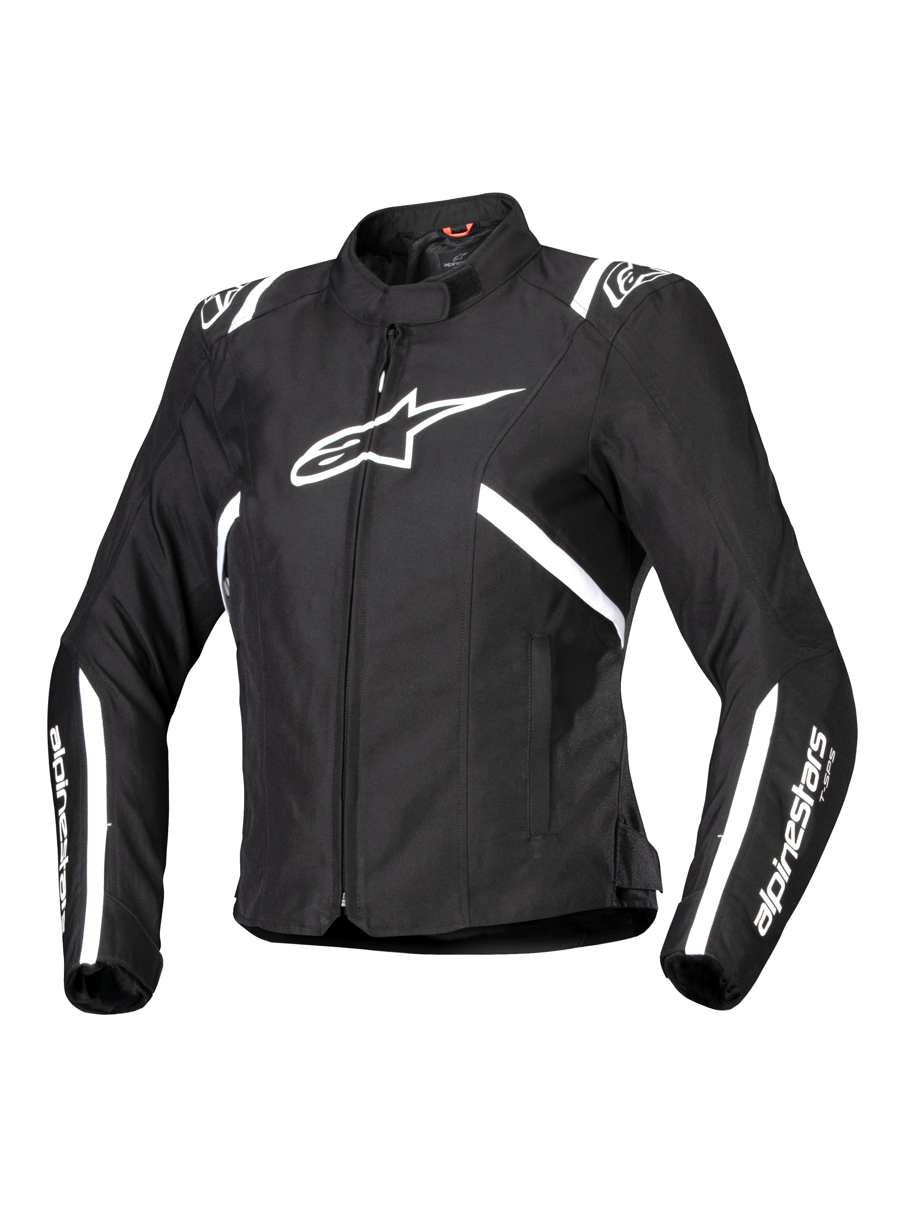 Alpinestars Stella T-SPS V2 Waterproof Jacket, motorcykeljakke til damer, sort og hvid, med et stort hvidt stjernelogo på brystet, hvide striber på skuldre og ærmer, sporty racing-inspireret silhuet, høj krave og slidstærkt tekstilmateriale