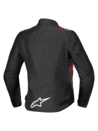 Alpinestars Stella T-SPS V2 vandtæt jakke, set bagfra, sort med røde og hvide detaljer, tekstil motorcykeljakke til damer med et stort hvidt Alpinestars-logo nederst på ryggen og en sporty silhuet