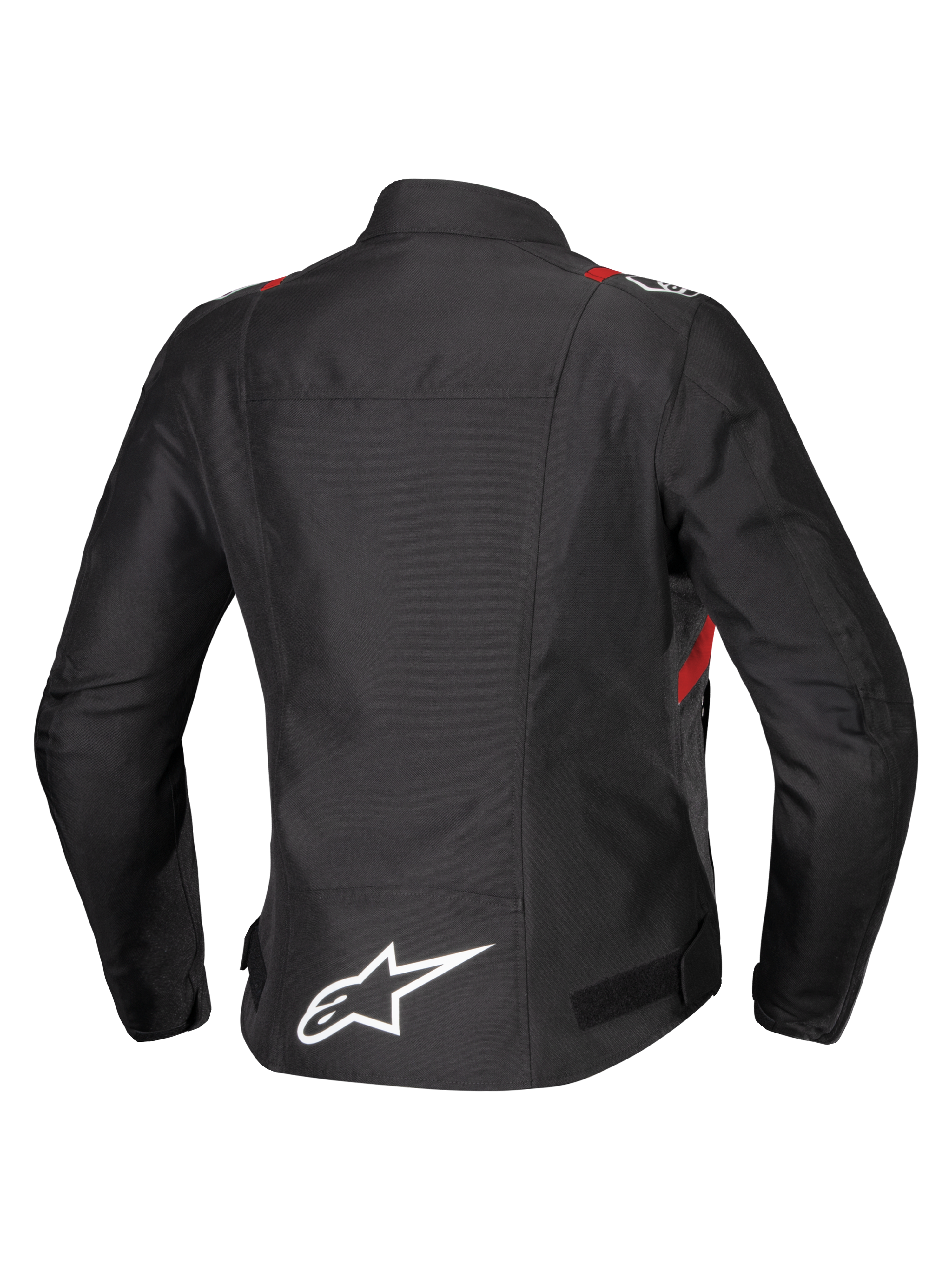 Alpinestars Stella T-SPS V2 vandtæt jakke, set bagfra, sort med røde og hvide detaljer, tekstil motorcykeljakke til damer med et stort hvidt Alpinestars-logo nederst på ryggen og en sporty silhuet