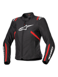 Alpinestars Stella T-SPS V2 vandtæt jakke, sportsmotorcykeljakke til damer, sort med røde striber og hvide logoer, racer-inspireret tætsiddende design, høj krave, lynlås foran