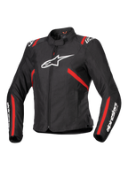 Alpinestars Stella T-SPS V2 vandtæt jakke, sportsmotorcykeljakke til damer, sort med røde striber og hvide logoer, racer-inspireret tætsiddende design, høj krave, lynlås foran