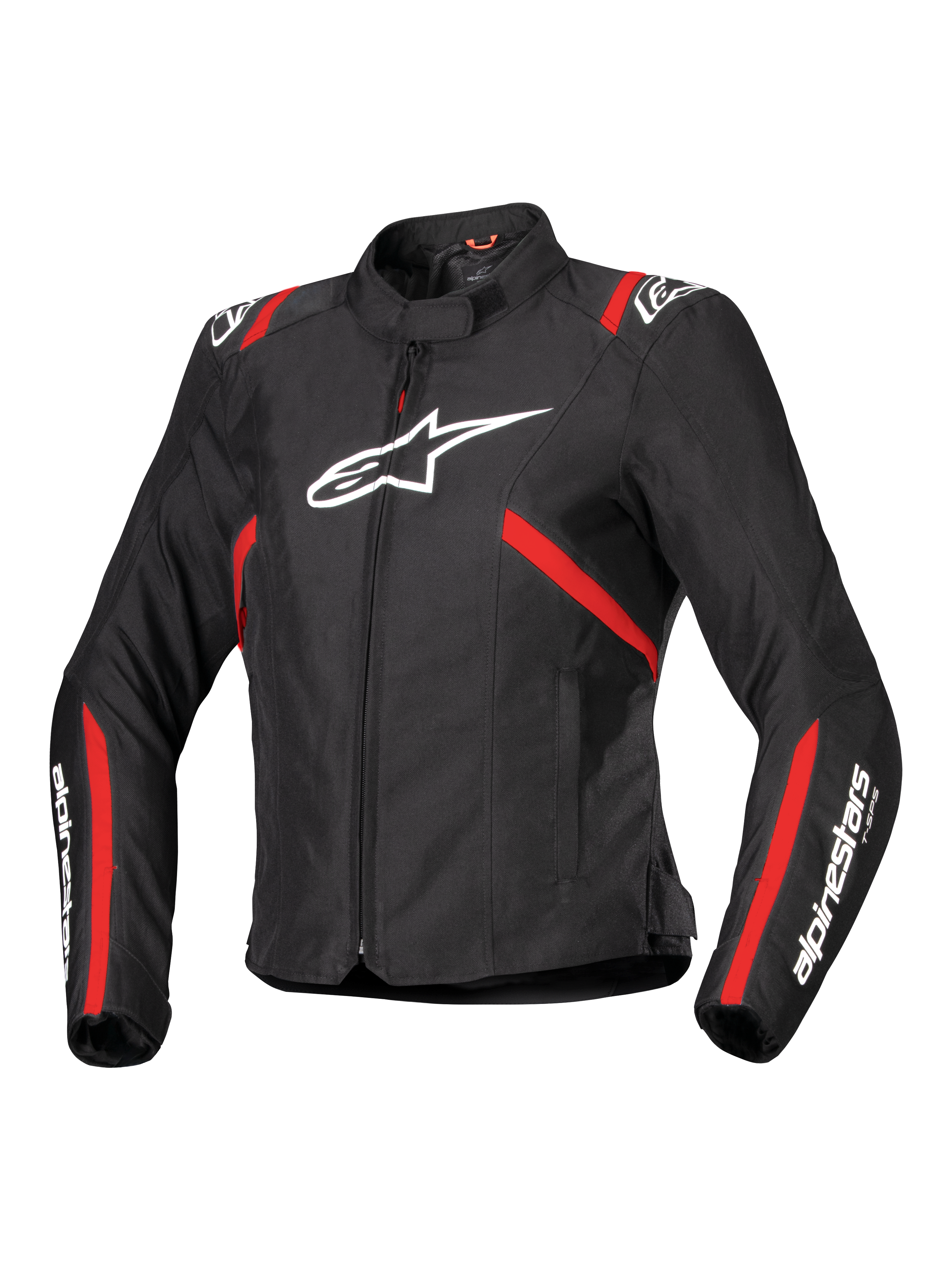 Alpinestars Stella T-SPS V2 vandtæt jakke, sportsmotorcykeljakke til damer, sort med røde striber og hvide logoer, racer-inspireret tætsiddende design, høj krave, lynlås foran