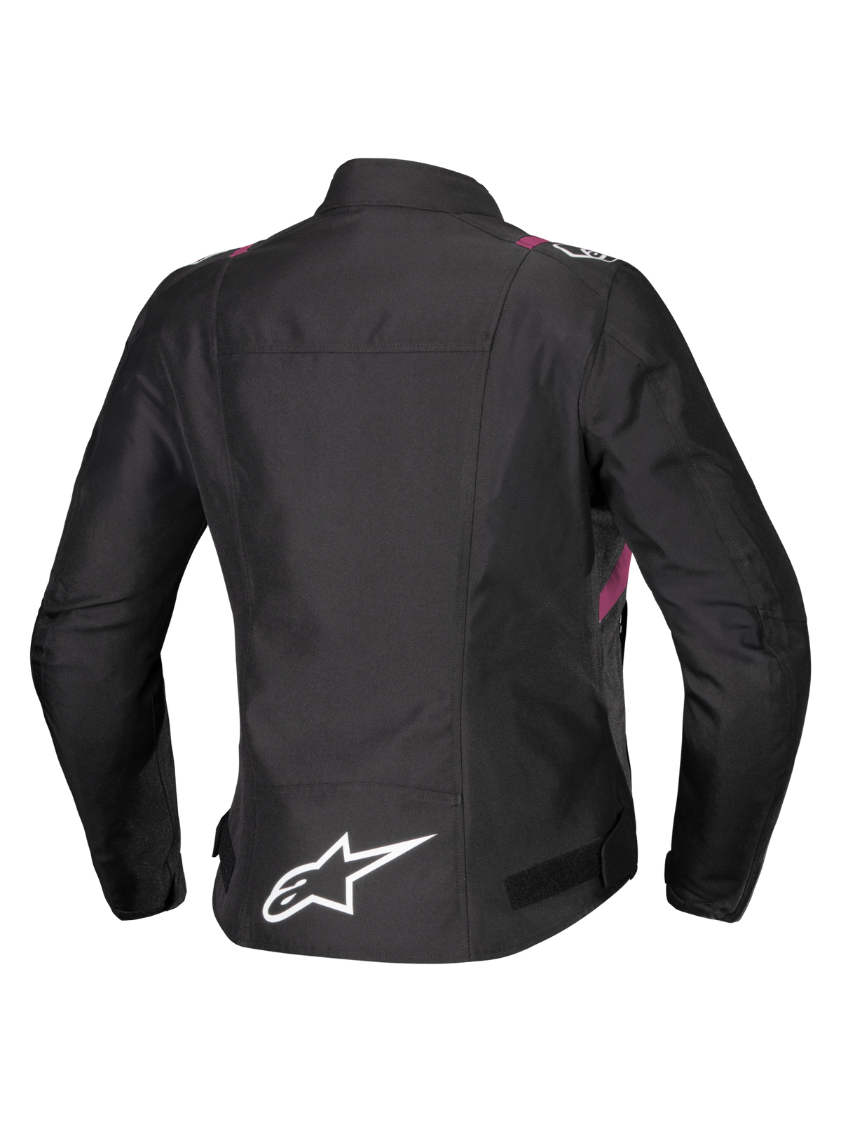 Alpinestars Stella T-SPS V2 vandtæt jakke, motorcykeljakke til damer, sort med hvide og Diva Pink detaljer, set bagfra med hvidt stjernelogo på lænden, sportsinspireret silhuet med holdbar tekstilfinish