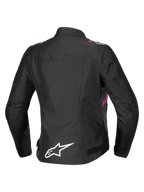 Alpinestars Stella T-SPS V2 vandtæt jakke, motorcykeljakke til damer, sort med hvide og Diva Pink detaljer, set bagfra med hvidt stjernelogo på lænden, sportsinspireret silhuet med holdbar tekstilfinish
