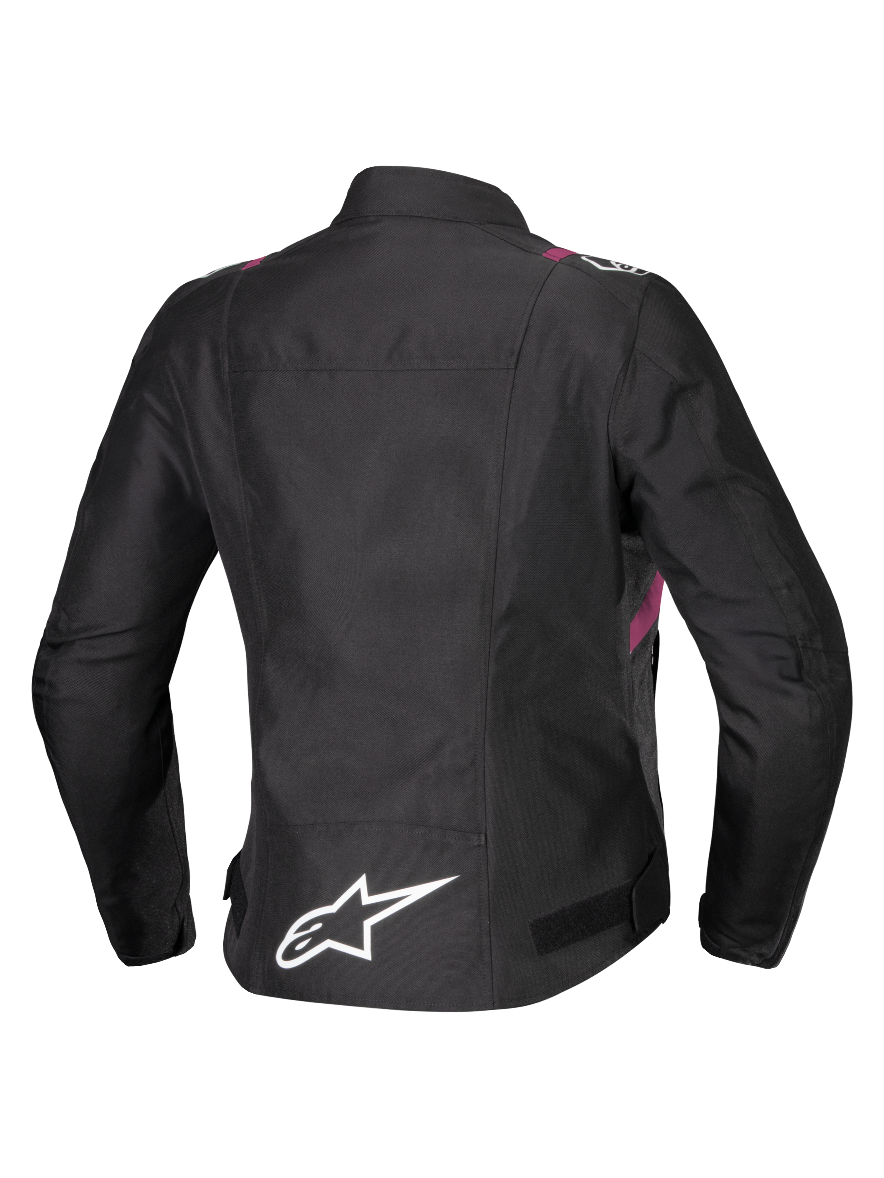 Alpinestars Stella T-SPS V2 vandtæt jakke, motorcykeljakke til damer, sort med hvide og Diva Pink detaljer, set bagfra med hvidt stjernelogo på lænden, sportsinspireret silhuet med holdbar tekstilfinish
