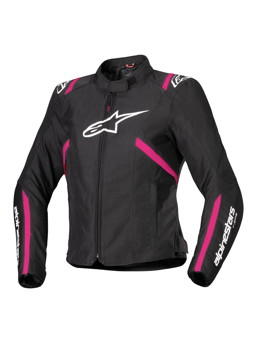 Alpinestars Stella T-SPS V2 vandtæt jakke, tekstilmotorcykeljakke til damer, sort med detaljer i Diva Pink og hvid, stort hvidt Alpinestars-logo på brystet, pink striber på torso og ærmer, hvid branding på underarmene, sporty figursyet design til kørsel i al slags vejr