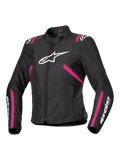 Alpinestars Stella T-SPS V2 vandtæt jakke, tekstilmotorcykeljakke til damer, sort med detaljer i Diva Pink og hvid, stort hvidt Alpinestars-logo på brystet, pink striber på torso og ærmer, hvid branding på underarmene, sporty figursyet design til kørsel i al slags vejr