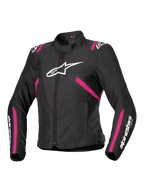 Alpinestars Stella T-SPS V2 vandtæt jakke, tekstilmotorcykeljakke til damer, sort med detaljer i Diva Pink og hvid, stort hvidt Alpinestars-logo på brystet, pink striber på torso og ærmer, hvid branding på underarmene, sporty figursyet design til kørsel i al slags vejr