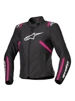 Alpinestars Stella T-SPS V2 Waterproof Jacket, Women's Textile Motorcycle Jacket, Black with Diva Pink and White accents, features large white Alpinestars logo on chest, pink stripes on torso and sleeves, white branding on forearms, sporty fitted design for all-weather riding