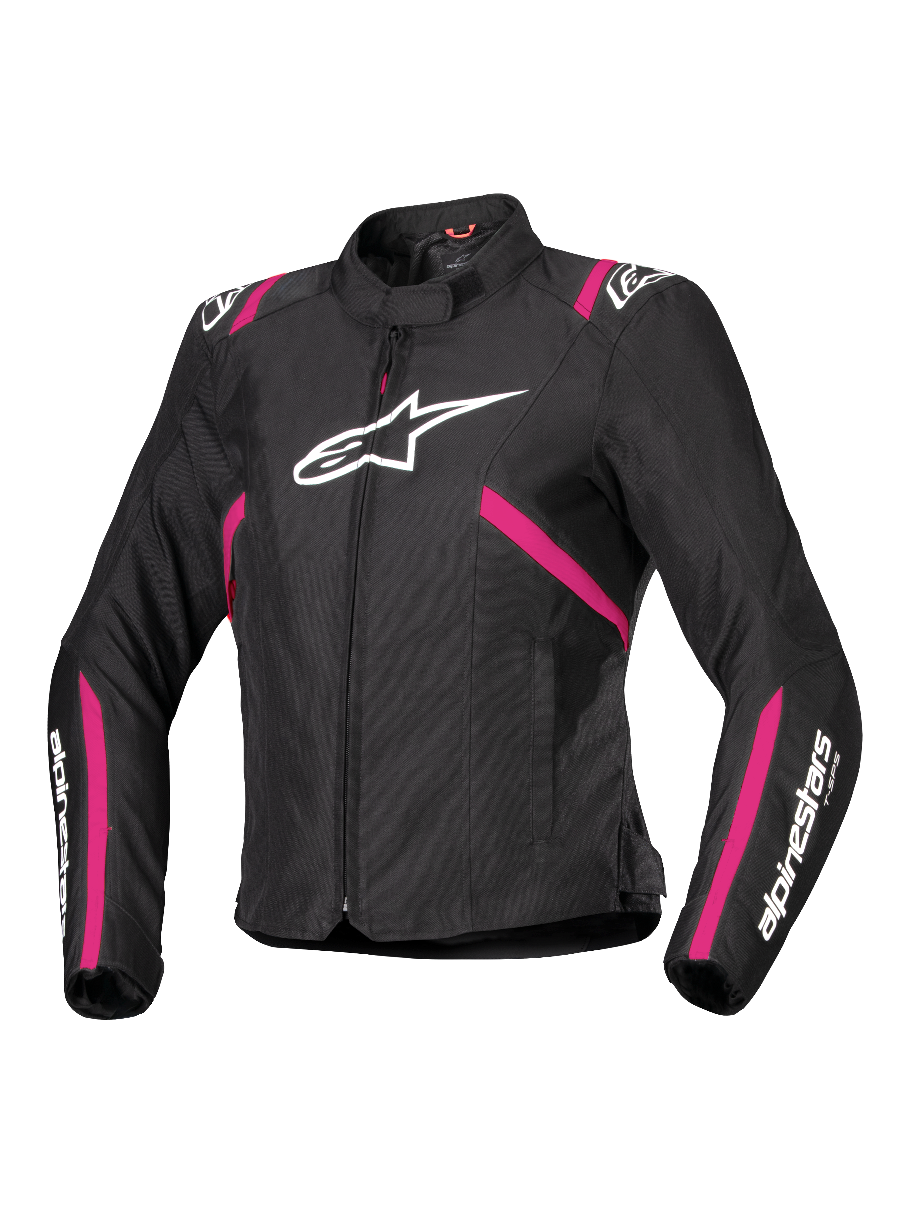 Alpinestars Stella T-SPS V2 vandtæt jakke, tekstilmotorcykeljakke til damer, sort med detaljer i Diva Pink og hvid, stort hvidt Alpinestars-logo på brystet, pink striber på torso og ærmer, hvid branding på underarmene, sporty figursyet design til kørsel i al slags vejr