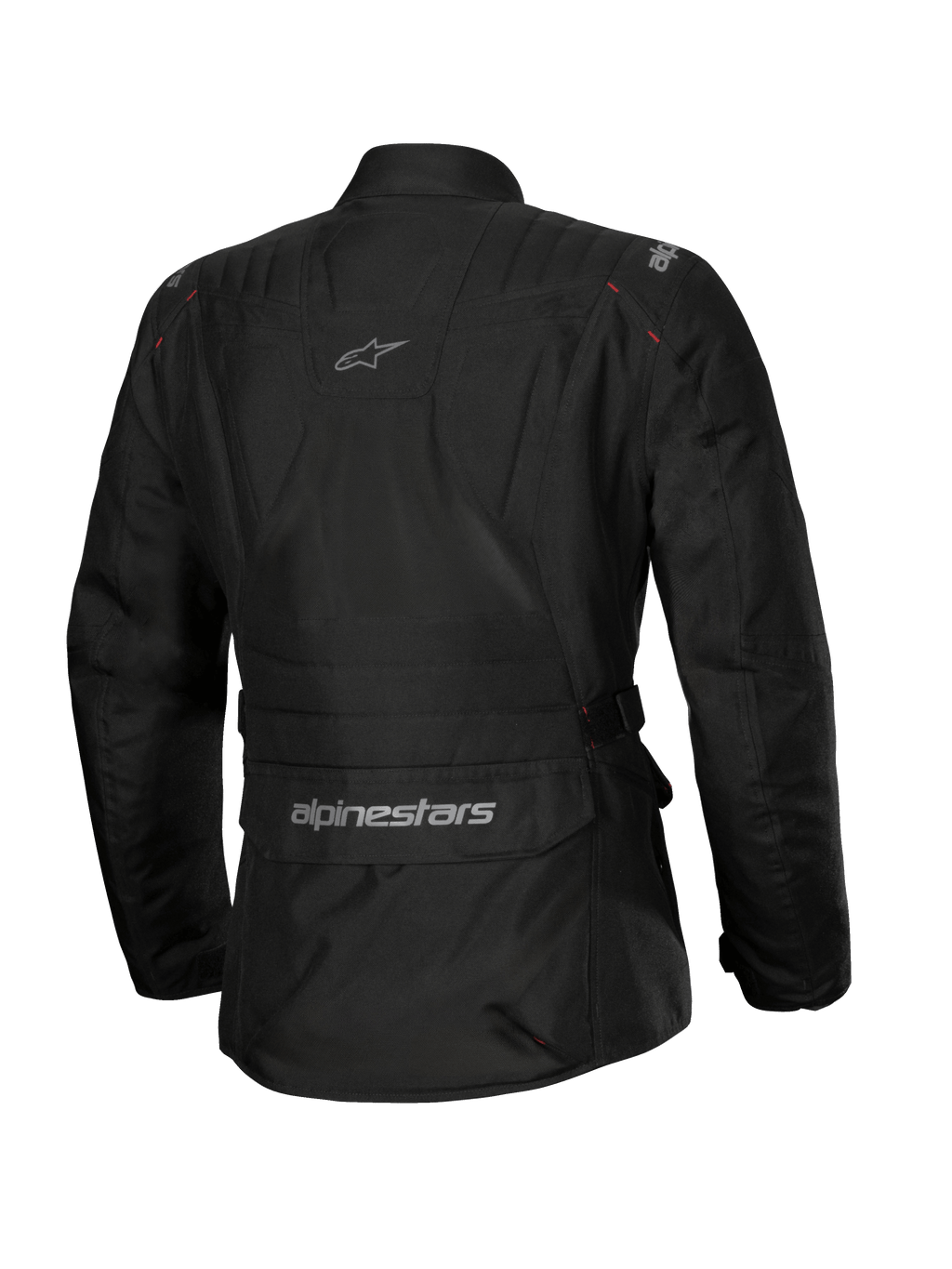 Alpinestars Stella ST-1 Vandtæt jakke, motorcykeljakke til kvinder, sort, set bagfra med en stor cargolomme på lænden med logo, adventure touring-design med diskret branding på den øverste ryg, holdbar vandtæt tekstilkonstruktion.