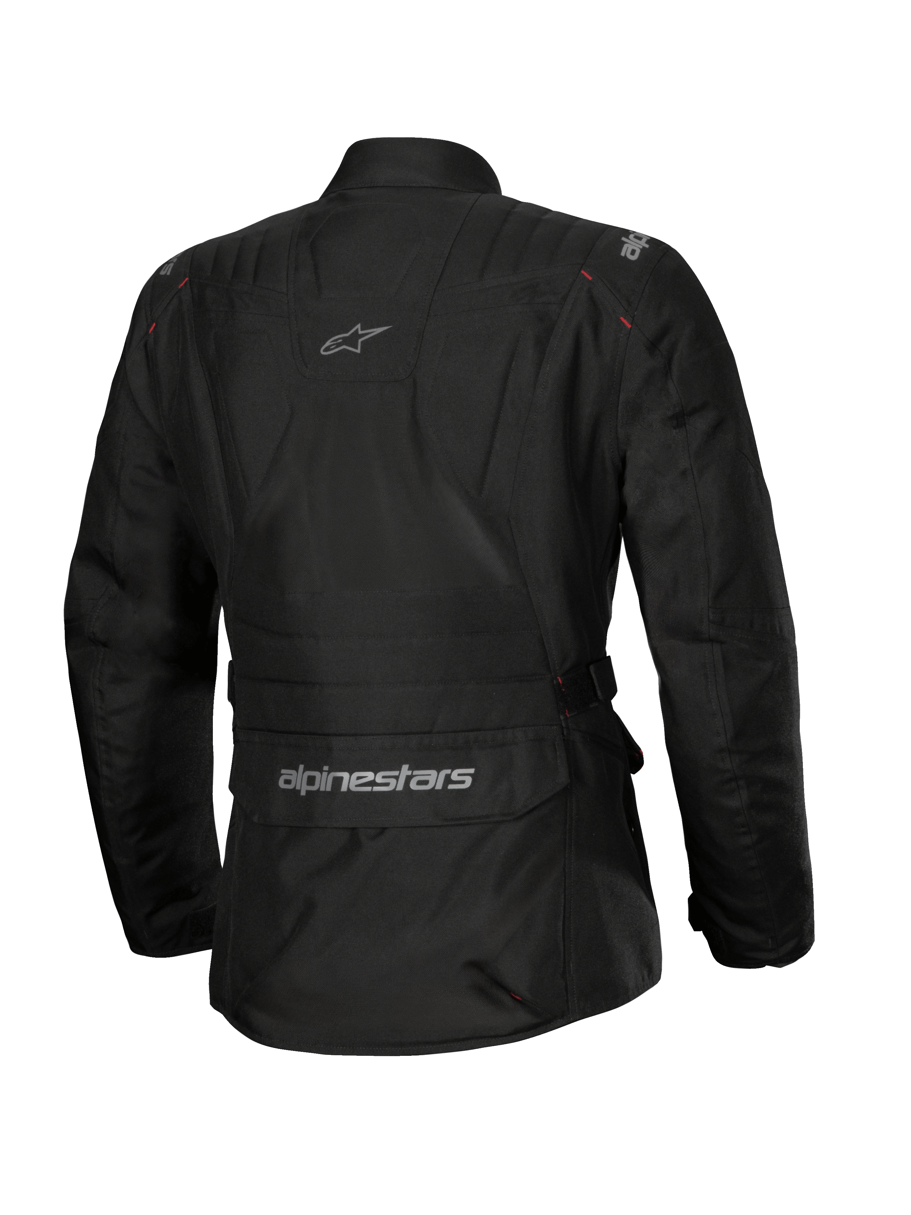Alpinestars Stella ST-1 Vandtæt jakke, motorcykeljakke til kvinder, sort, set bagfra med en stor cargolomme på lænden med logo, adventure touring-design med diskret branding på den øverste ryg, holdbar vandtæt tekstilkonstruktion.