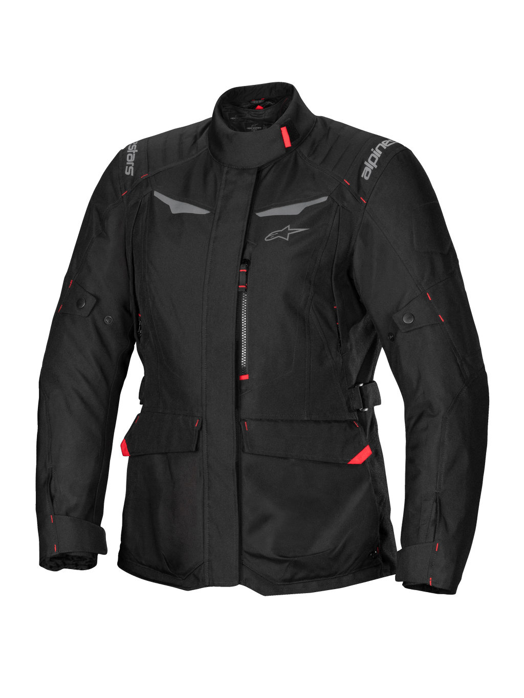 Alpinestars Stella ST-1 Waterproof Jacket, dame motorcykeljakke til touring, sort med røde detaljer, høj krave, lynlås foran, store cargolommer ved taljen, justerbare remme ved talje og manchetter, vejrbestandig konstruktion