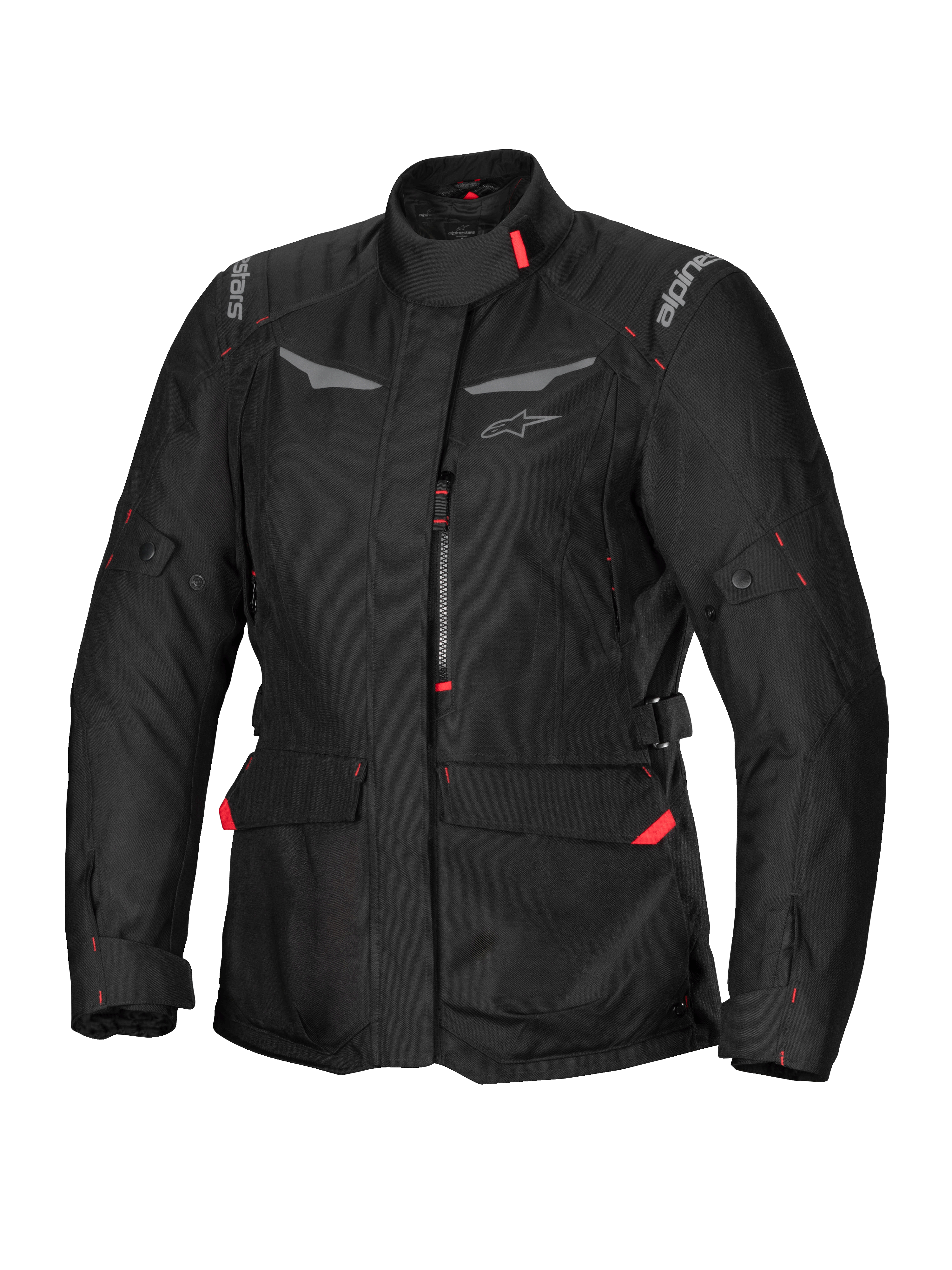Alpinestars Stella ST-1 Waterproof Jacket, dame motorcykeljakke til touring, sort med røde detaljer, høj krave, lynlås foran, store cargolommer ved taljen, justerbare remme ved talje og manchetter, vejrbestandig konstruktion