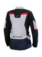 Alpinestars Stella ST-1 vandtæt jakke, set bagfra, mørkeblå og sort med lysegrå og klare røde detaljer, adventure touring-jakke til damer med Alpinestars-branding og ergonomisk konstruktion.