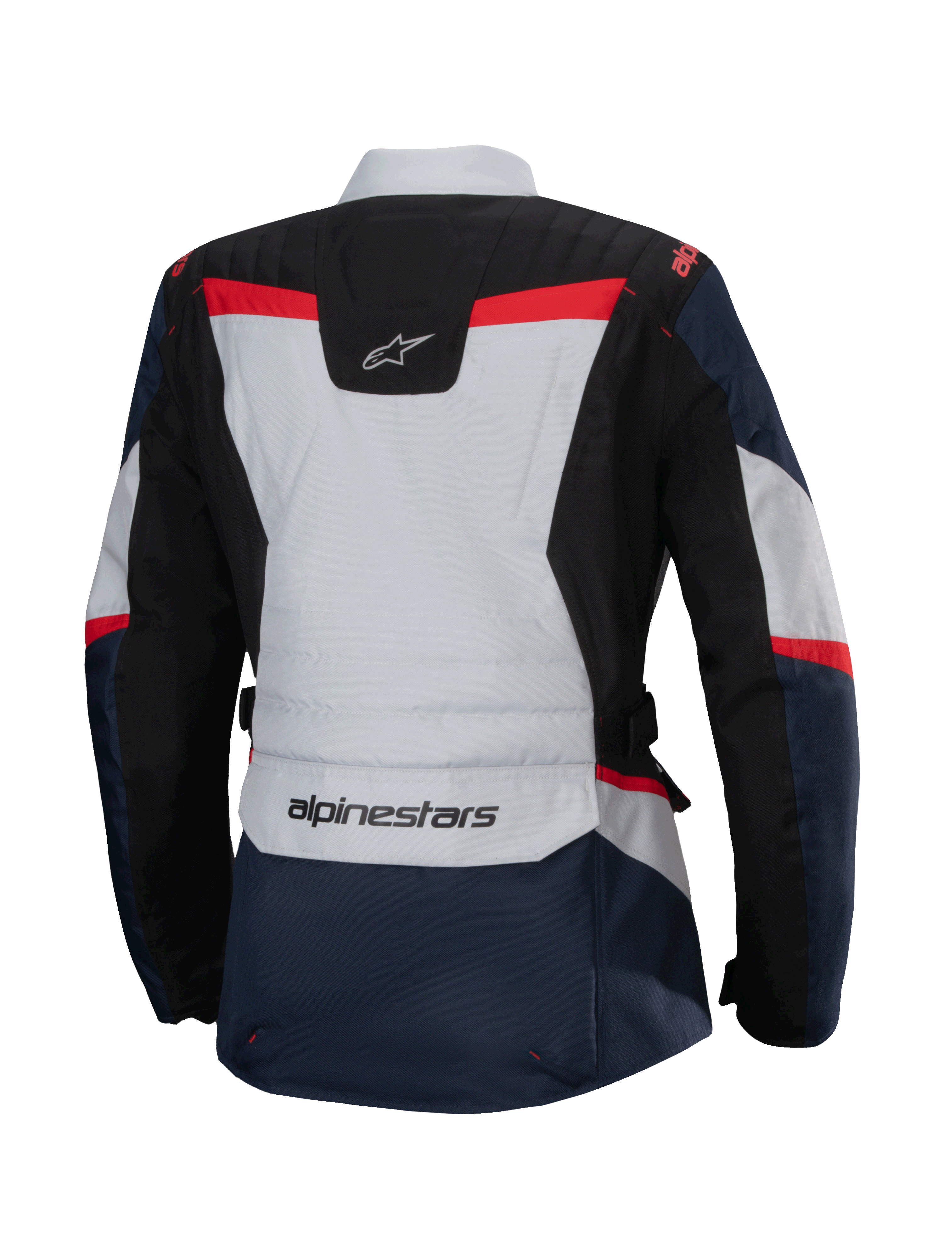 Alpinestars Stella ST-1 vandtæt jakke, set bagfra, mørkeblå og sort med lysegrå og klare røde detaljer, adventure touring-jakke til damer med Alpinestars-branding og ergonomisk konstruktion.