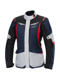 Alpinestars Stella ST-1 vandtæt jakke, motorcykel touringjakke til damer, mørkeblå, sort og klar rød, med lysegrå paneler, høj krave, lynlås foran, adventure-inspireret design med kantede former og cargolommer
