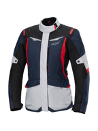 Alpinestars Stella ST-1 vandtæt jakke, motorcykel touringjakke til damer, mørkeblå, sort og klar rød, med lysegrå paneler, høj krave, lynlås foran, adventure-inspireret design med kantede former og cargolommer
