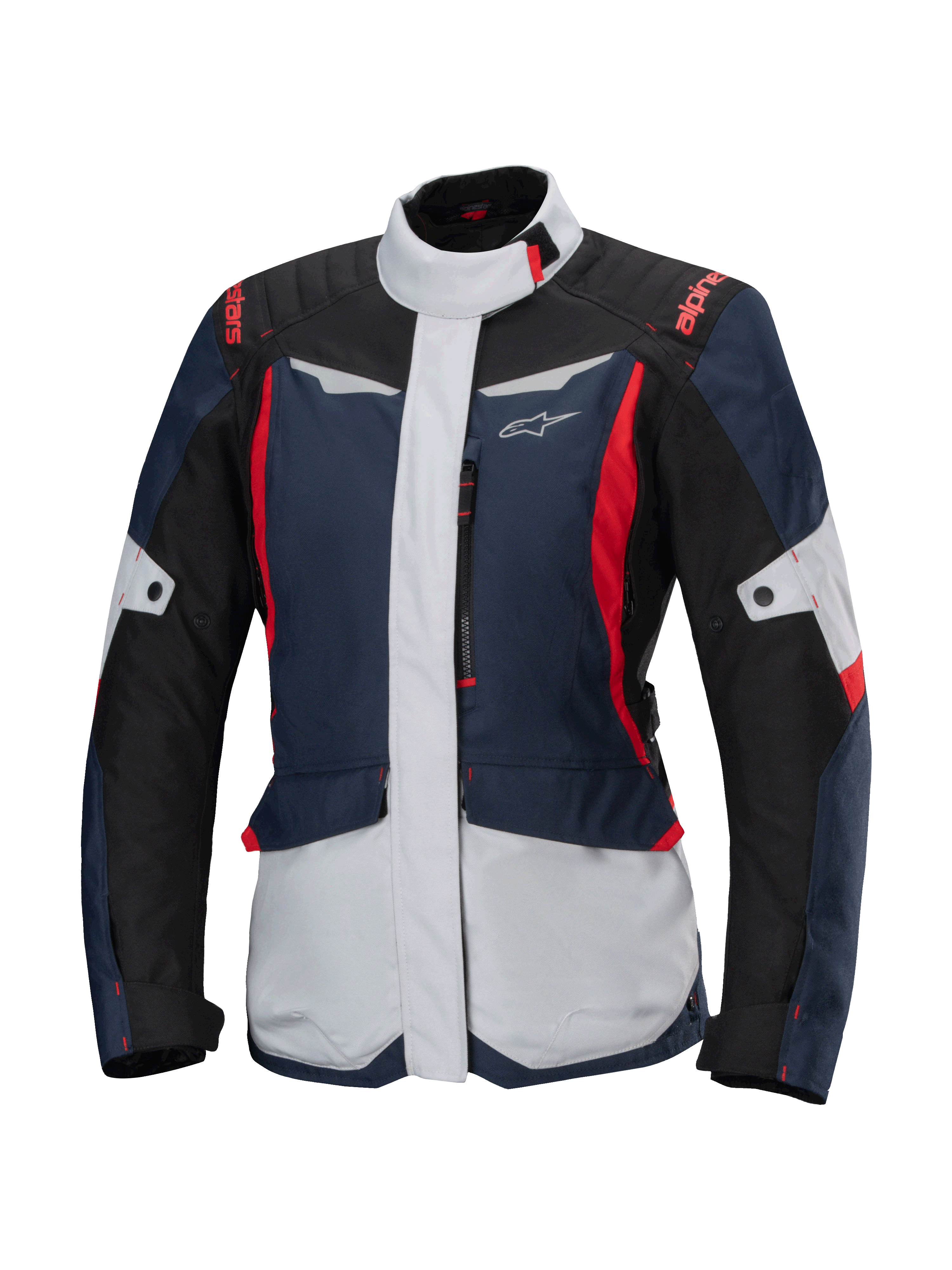 Alpinestars Stella ST-1 vandtæt jakke, motorcykel touringjakke til damer, mørkeblå, sort og klar rød, med lysegrå paneler, høj krave, lynlås foran, adventure-inspireret design med kantede former og cargolommer