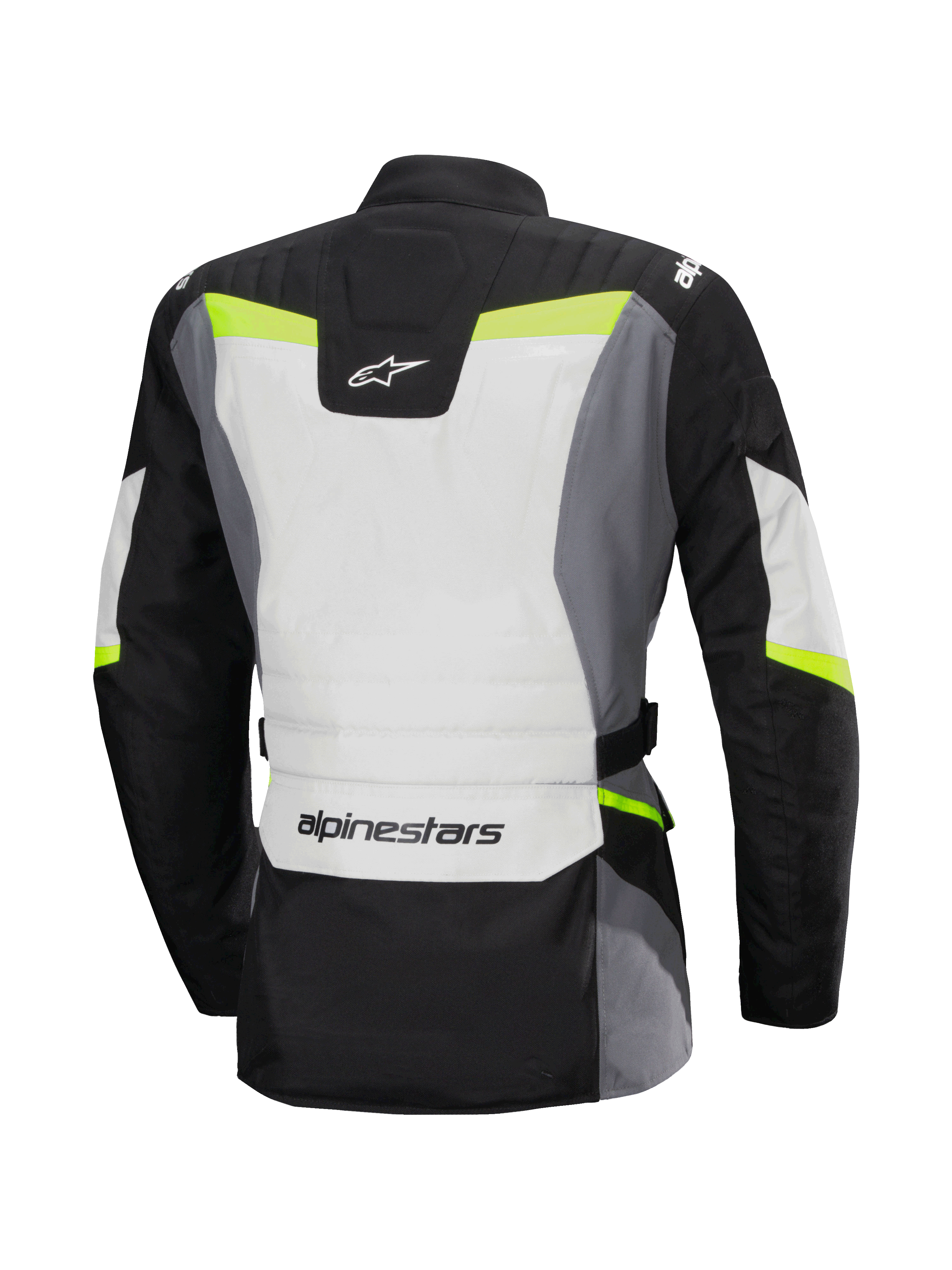 Alpinestars Stella ST-1 vandtæt jakke, set bagfra, motorcykel touring-jakke til kvinder, Ice Gray, sort og gul fluo, har Alpinestars-logo på lænden og nakken, adventure touring-design med beskyttende tekstilkonstruktion og fluorescerende detaljer.