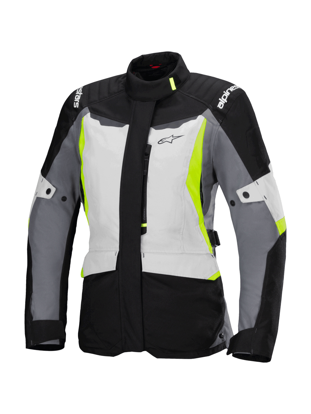 Alpinestars Stella ST-1 Waterproof Jacket, motorcykel touringjakke til damer, isgrå, sort og neongul, med høj krave, lynlås foran, forstærkede skuldre med branding og justerbare taljeremme, adventure touring-inspireret design