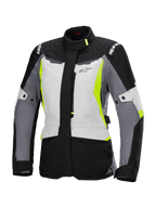 Alpinestars Stella ST-1 Waterproof Jacket, motorcykel touringjakke til damer, isgrå, sort og neongul, med høj krave, lynlås foran, forstærkede skuldre med branding og justerbare taljeremme, adventure touring-inspireret design