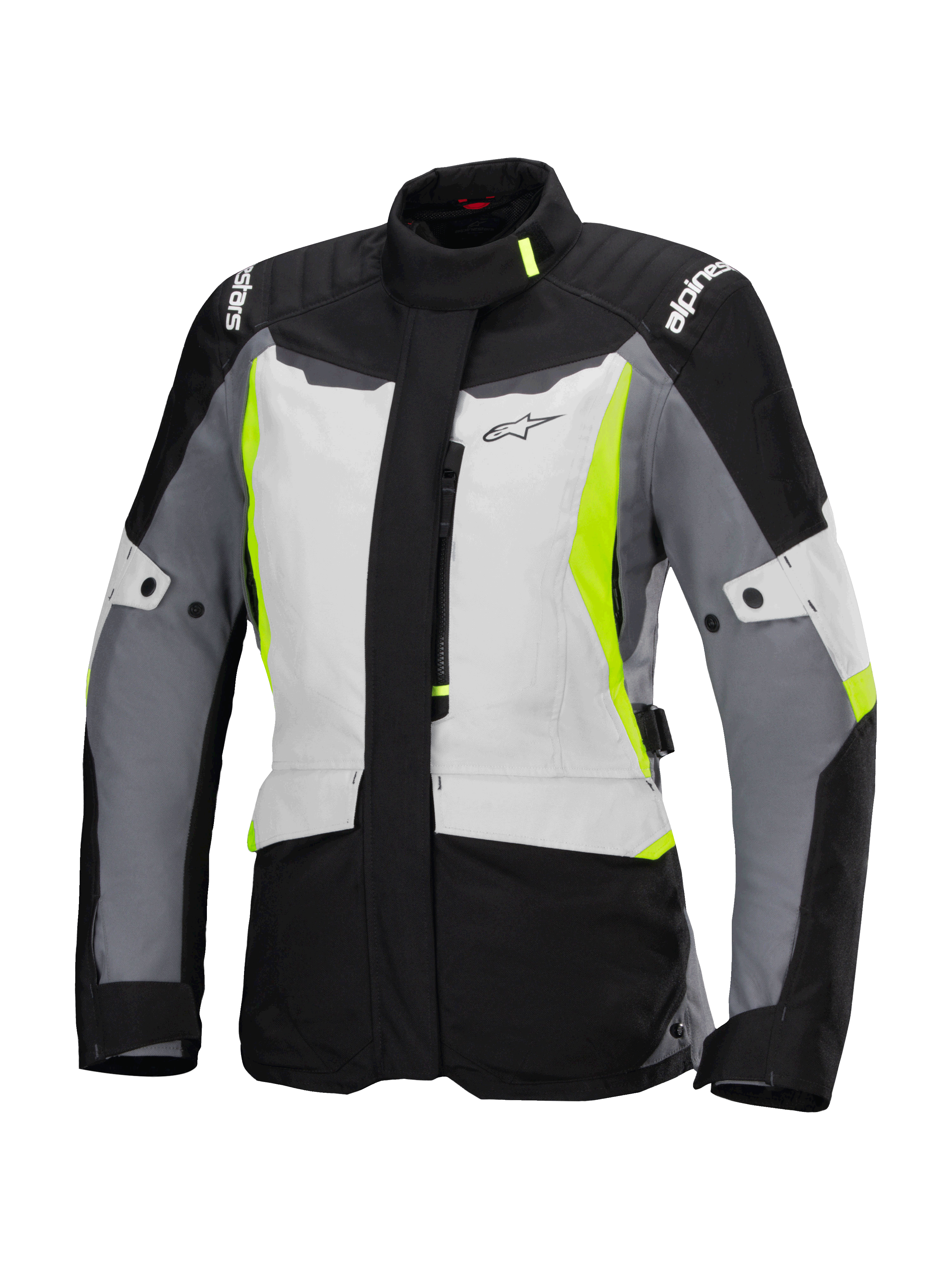 Alpinestars Stella ST-1 Waterproof Jacket, motorcykel touringjakke til damer, isgrå, sort og neongul, med høj krave, lynlås foran, forstærkede skuldre med branding og justerbare taljeremme, adventure touring-inspireret design