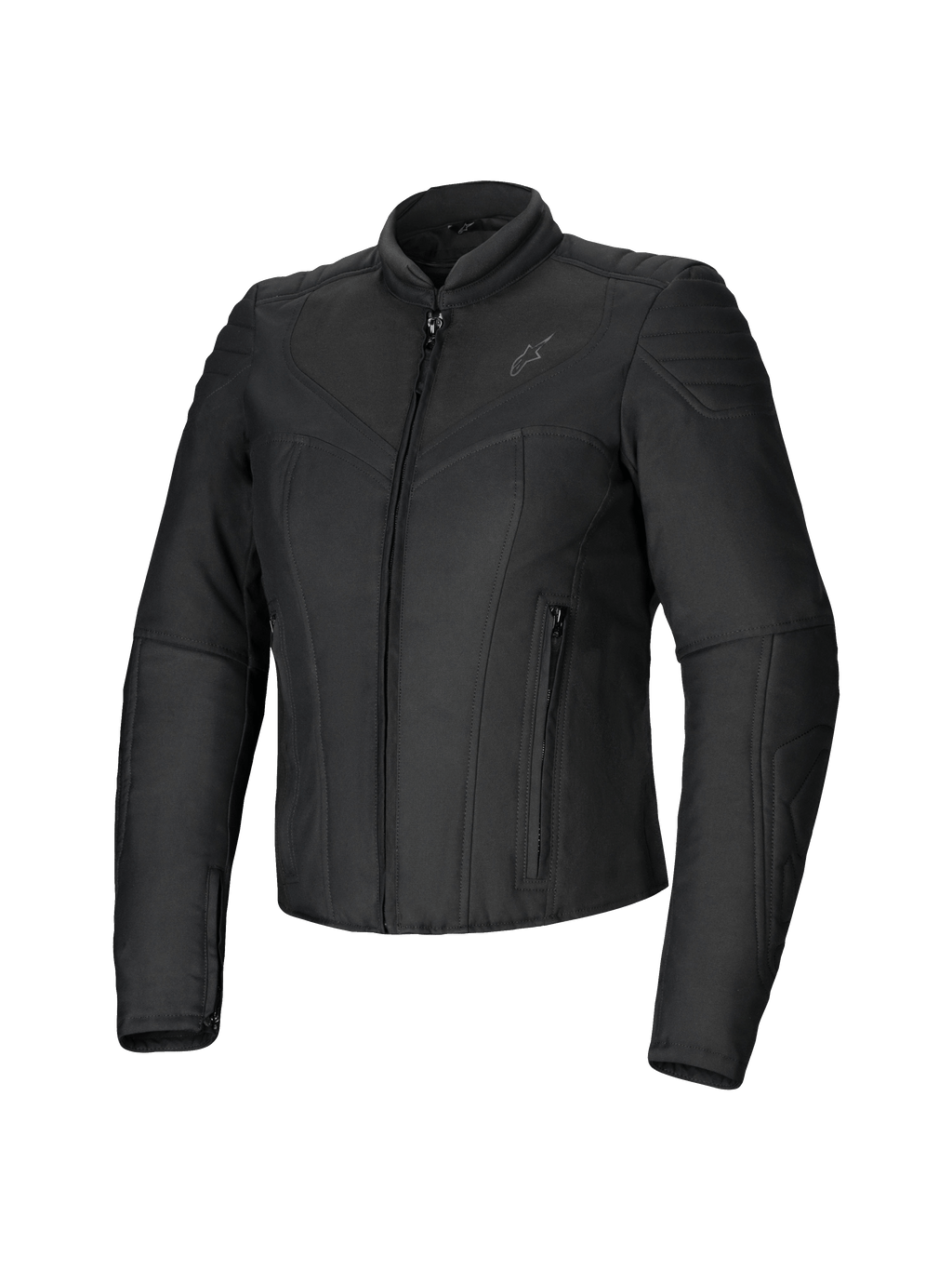 Alpinestars Isla WR damejakke, sort, slim-fit tekstilmotorcykeljakke, mat finish med quiltede detaljer på skuldre og underarme, lynlåslukning foran, to lynlåslommer, høj bikerkrave, moderne urbant køregrej
