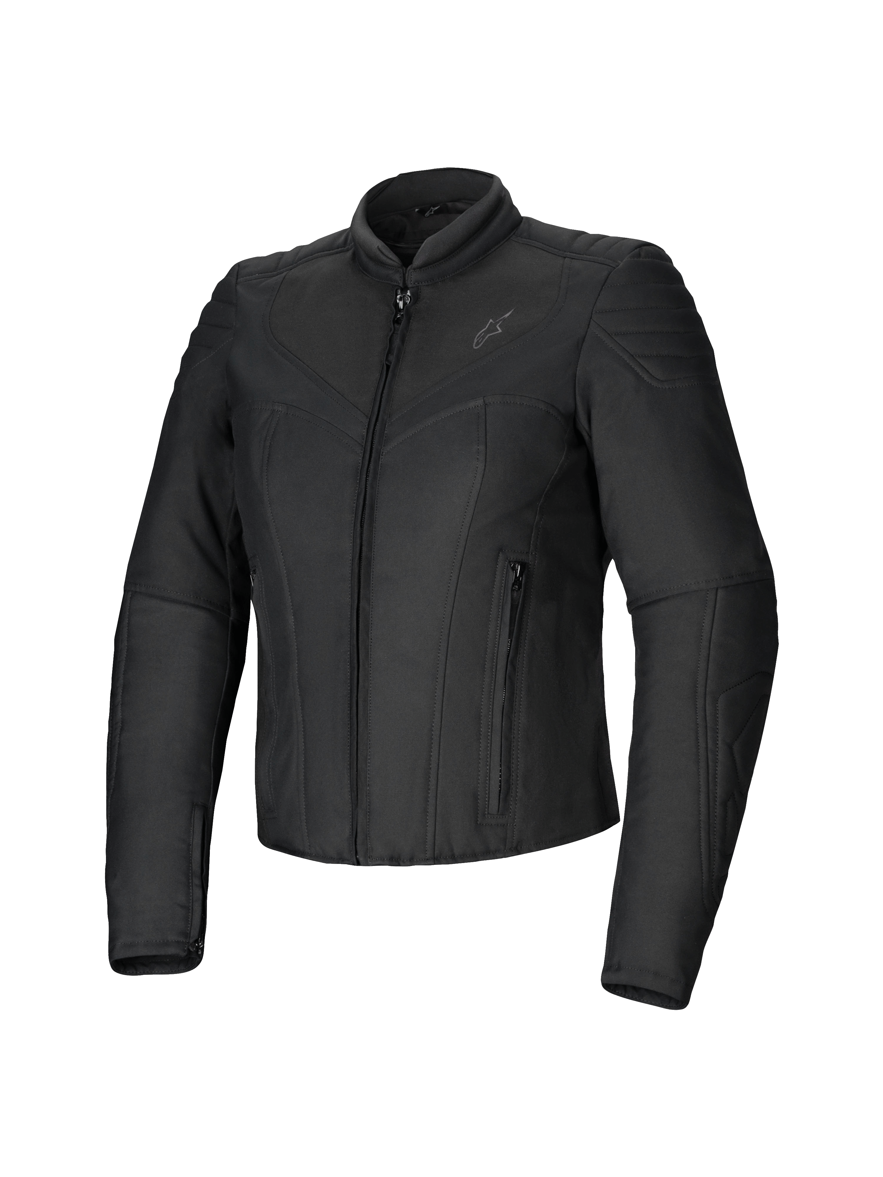 Alpinestars Isla WR damejakke, sort, slim-fit tekstilmotorcykeljakke, mat finish med quiltede detaljer på skuldre og underarme, lynlåslukning foran, to lynlåslommer, høj bikerkrave, moderne urbant køregrej