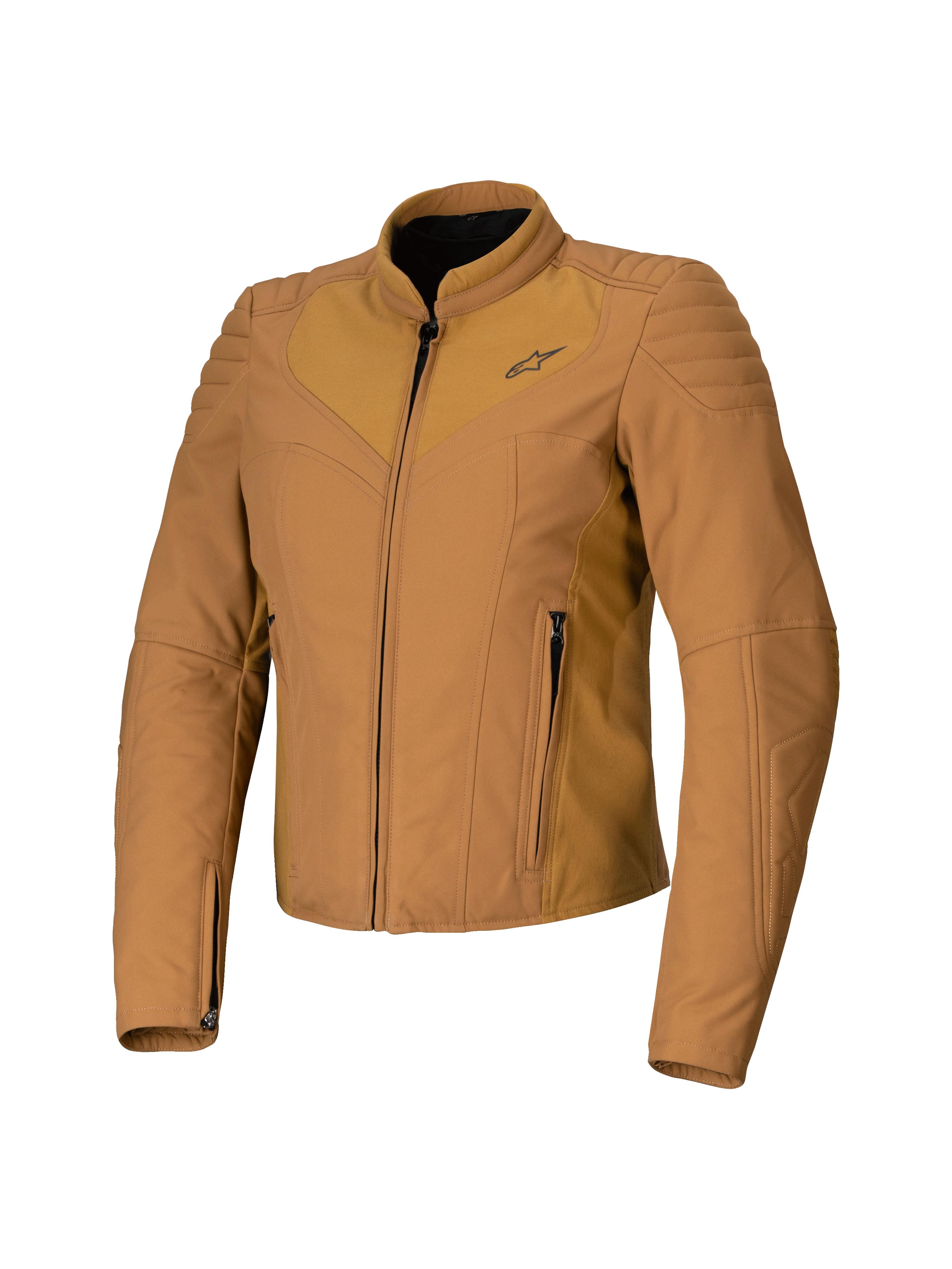 Alpinestars Isla WR damemotorcykeljakke, Utility Brown Light Gold, tan-brun motorcykeljakke til damer, slank skræddersyet pasform, høj bikerkrave, quiltede skulderdetaljer, lynlås foran med sidelommer, teknisk urbant køreudstyr