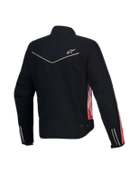 Alpinestars Stella T-Dyno vandafvisende dame motorcykeljakke, bagsidevisning i sort med koralrøde og fuchsia detaljer, CE-certificeret, vintage biker-pasform