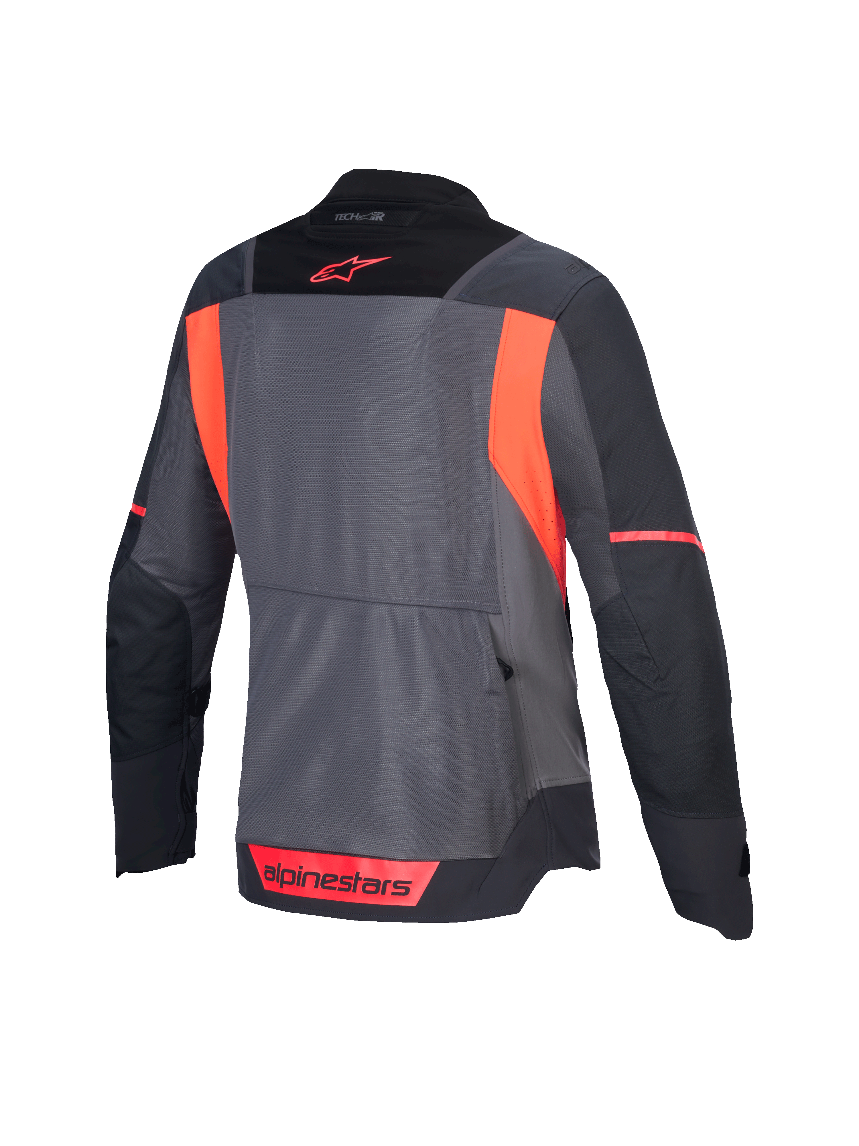 Alpinestars Stella ST-2 Air Jacket, women's motorcycle touring jacket, back view showing deep gray, dark gray, and fluo coral colorway with mesh ventilation panels and CE Level AA certification
