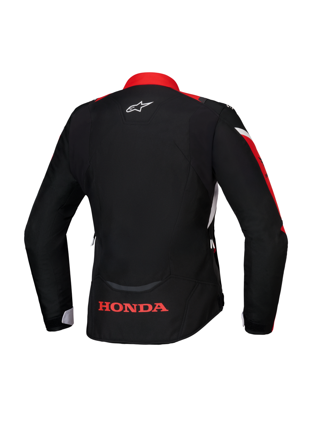Alpinestars Honda Stella T-Jaws V4 WP-jakke, set bagfra, sort med klare røde og hvide detaljer, rødt Honda-logo på den nederste del af ryggen og hvidt Alpinestars-logo i nakken, vandtæt tekstiljakke til kvinder med sportspasform