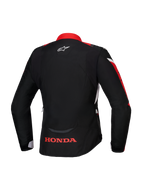 Alpinestars Honda Stella T-Jaws V4 WP-jakke, set bagfra, sort med klare røde og hvide detaljer, rødt Honda-logo på den nederste del af ryggen og hvidt Alpinestars-logo i nakken, vandtæt tekstiljakke til kvinder med sportspasform