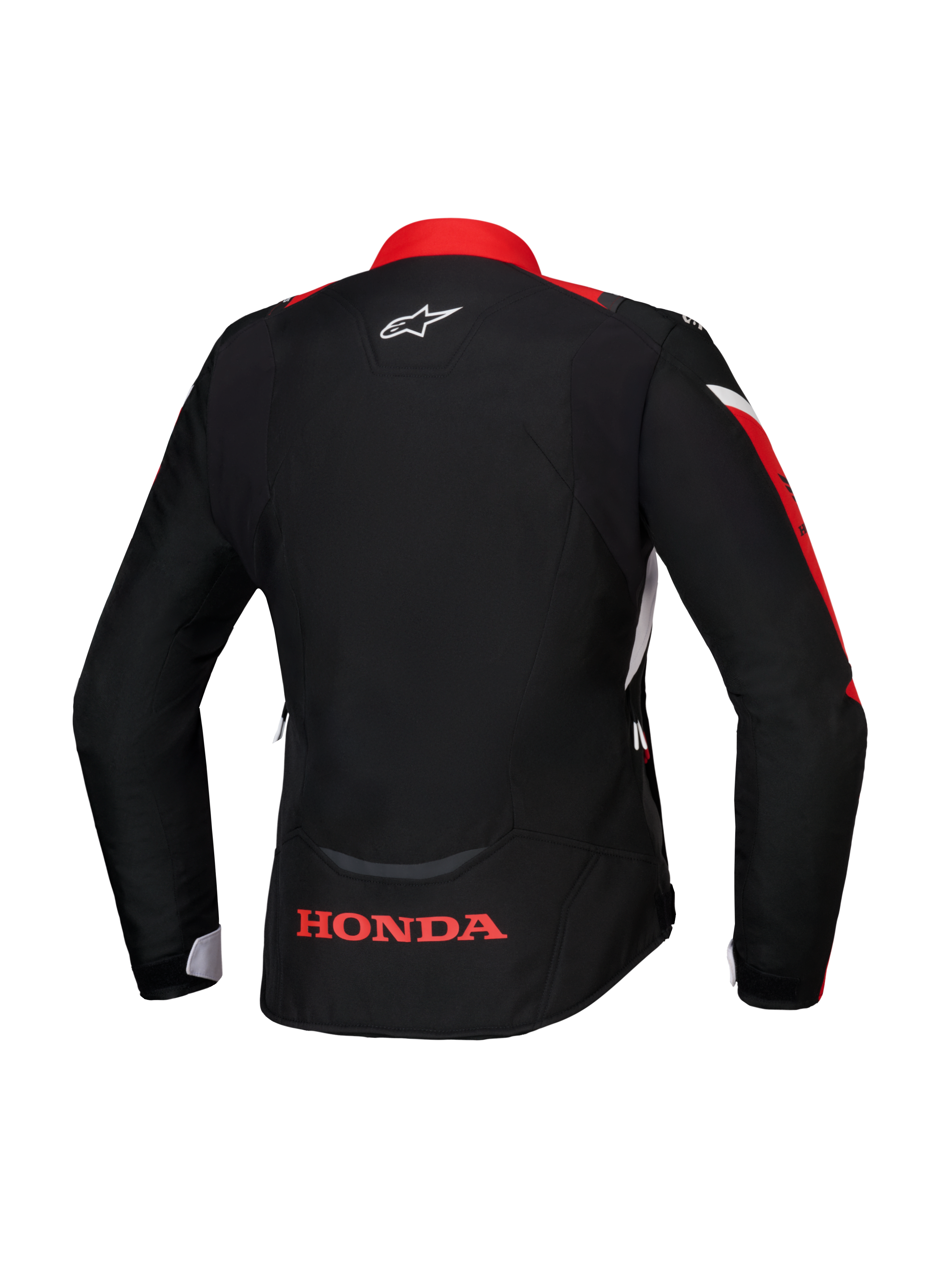 Alpinestars Honda Stella T-Jaws V4 WP-jakke, set bagfra, sort med klare røde og hvide detaljer, rødt Honda-logo på den nederste del af ryggen og hvidt Alpinestars-logo i nakken, vandtæt tekstiljakke til kvinder med sportspasform
