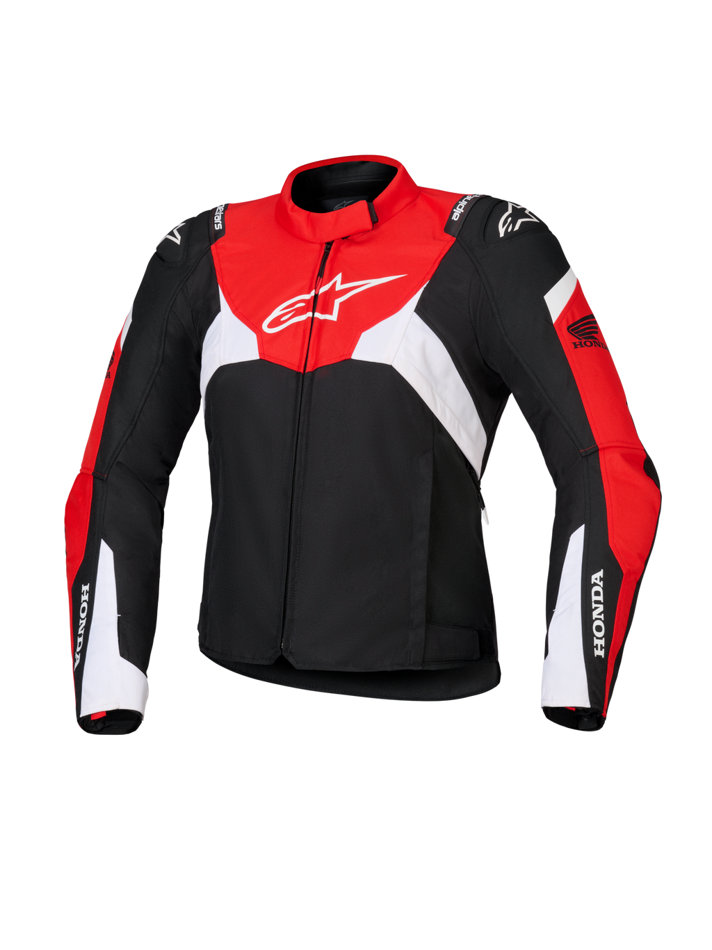Alpinestars Honda Stella T-Jaws V4 Wp jakke til damer, vandtæt sportsmotorcykeljakke, sort med klare røde og hvide paneler, Honda-branding på ærmerne og hvidt Alpinestars-logo på brystet, teknisk tekstilkonstruktion med en sporty silhuet
