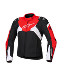 Alpinestars Honda Stella T-Jaws V4 Wp jakke til damer, vandtæt sportsmotorcykeljakke, sort med klare røde og hvide paneler, Honda-branding på ærmerne og hvidt Alpinestars-logo på brystet, teknisk tekstilkonstruktion med en sporty silhuet