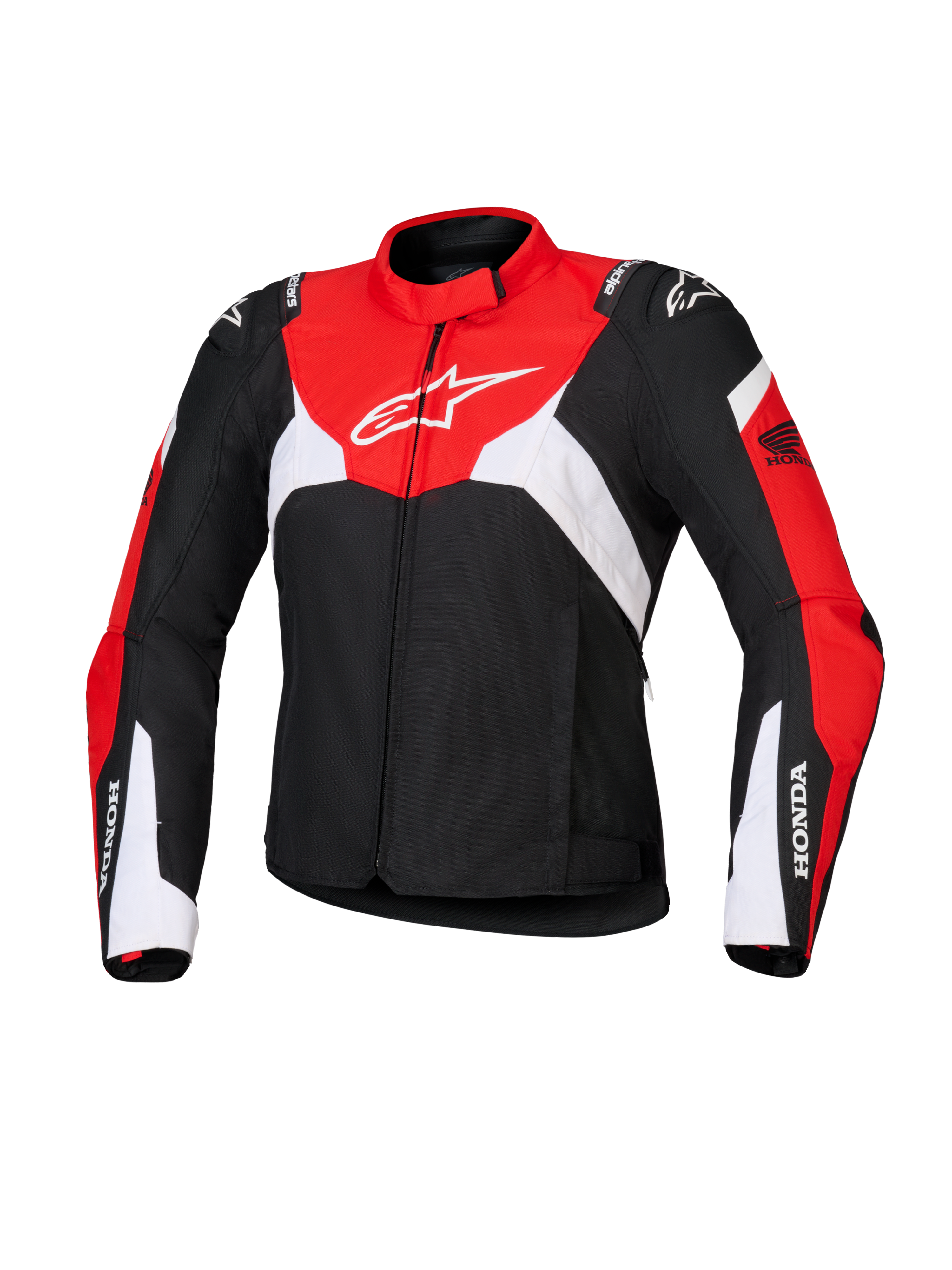 Alpinestars Honda Stella T-Jaws V4 Wp jakke til damer, vandtæt sportsmotorcykeljakke, sort med klare røde og hvide paneler, Honda-branding på ærmerne og hvidt Alpinestars-logo på brystet, teknisk tekstilkonstruktion med en sporty silhuet